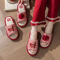 Red Wedding Slippers for Couples - Non-Slip Breathable Linen House Shoes for Bride and Groom