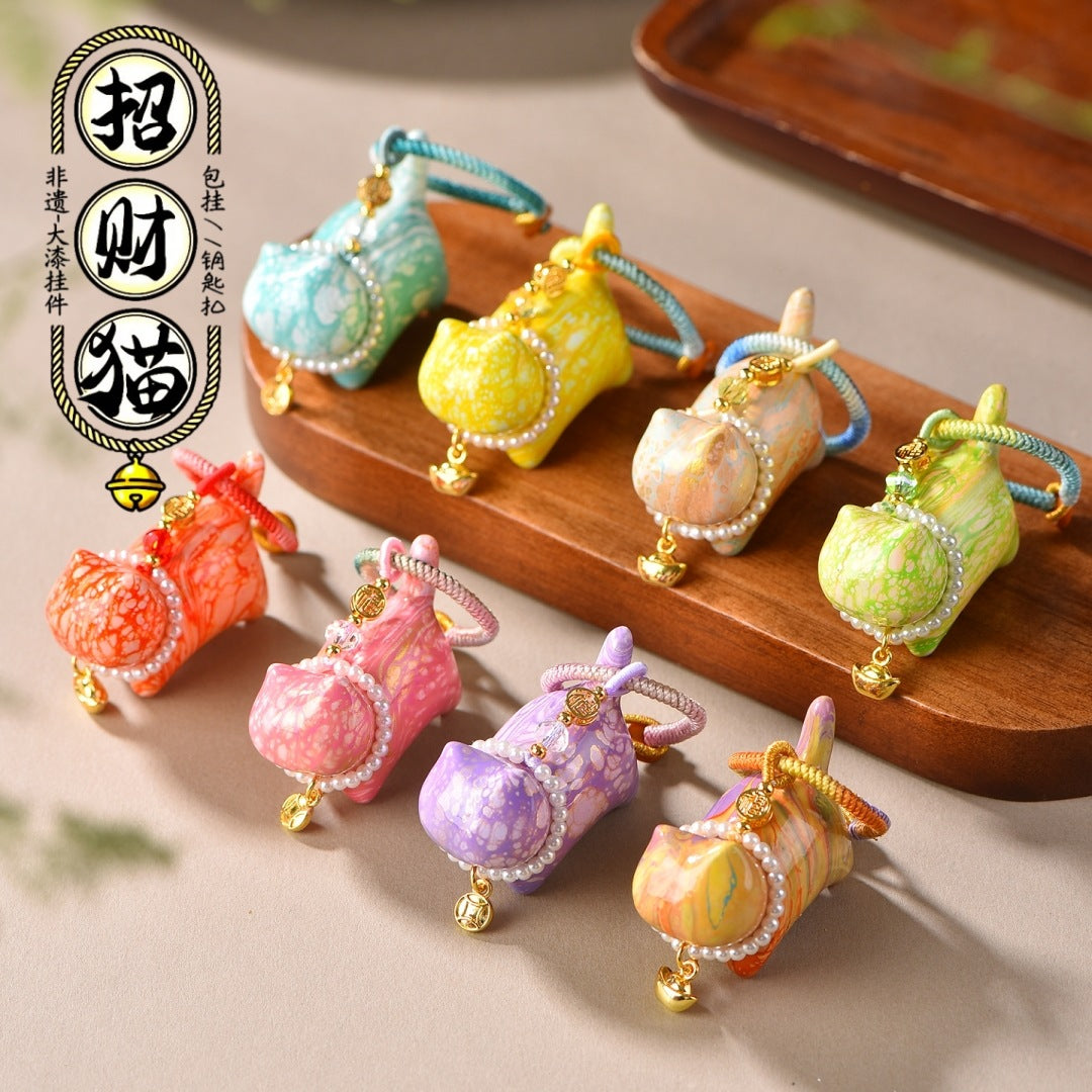 Handwoven Lucky Cat Tassel Charm for Bags, Cars, and Keys