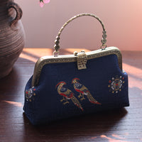 New Chinese Style Embroidered Bird Kiss-Lock Handbag for Women, Vintage Versatile Shoulder Bag, Gift for Mom