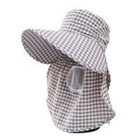 Plaid Sun Protection Hat with Neck Flap and Breathable Face Mask for Outdoor Activities