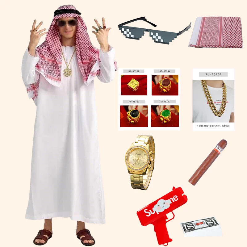 Adult Middle Eastern Sheikh Costume Set with Robe, Headpiece, and Necklace for Halloween Cosplay