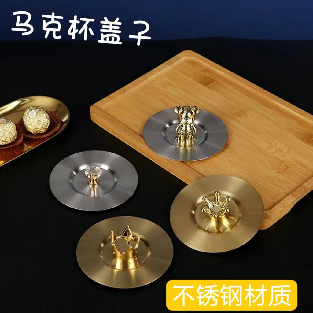 Stainless Steel Mug Lid with Decorative Crown or Animal Handle, Universal Dustproof Round Ceramic Cup Cover