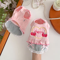 Pet Cat Small Dog Embroidered Cherry Denim Princess Dress Cotton Autumn Winter Base Layer