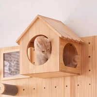 Wall-Mounted Solid Wood Cat Climbing Frame with Condo & Scratching Post for Small Spaces