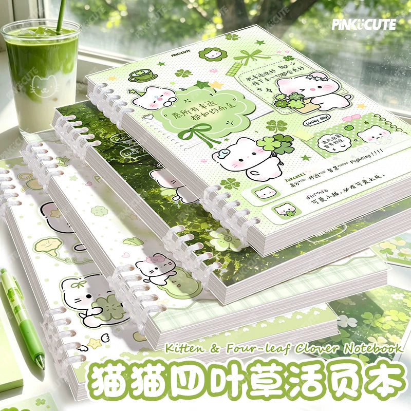 A5 Loose-Leaf Notebook Set with Cute Cat & Clover Designs, Aesthetic Journal for Students, Lined Pages