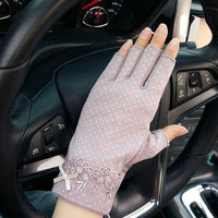 Women's Summer Half-Finger Cotton Driving Gloves with Anti-Slip Sun Protection and Elegant Lace