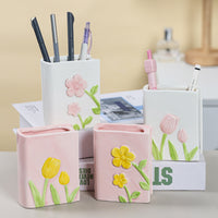 Tulip/Floral Ceramic Book Pen Holder & Makeup Brush Organizer for Desk Decor