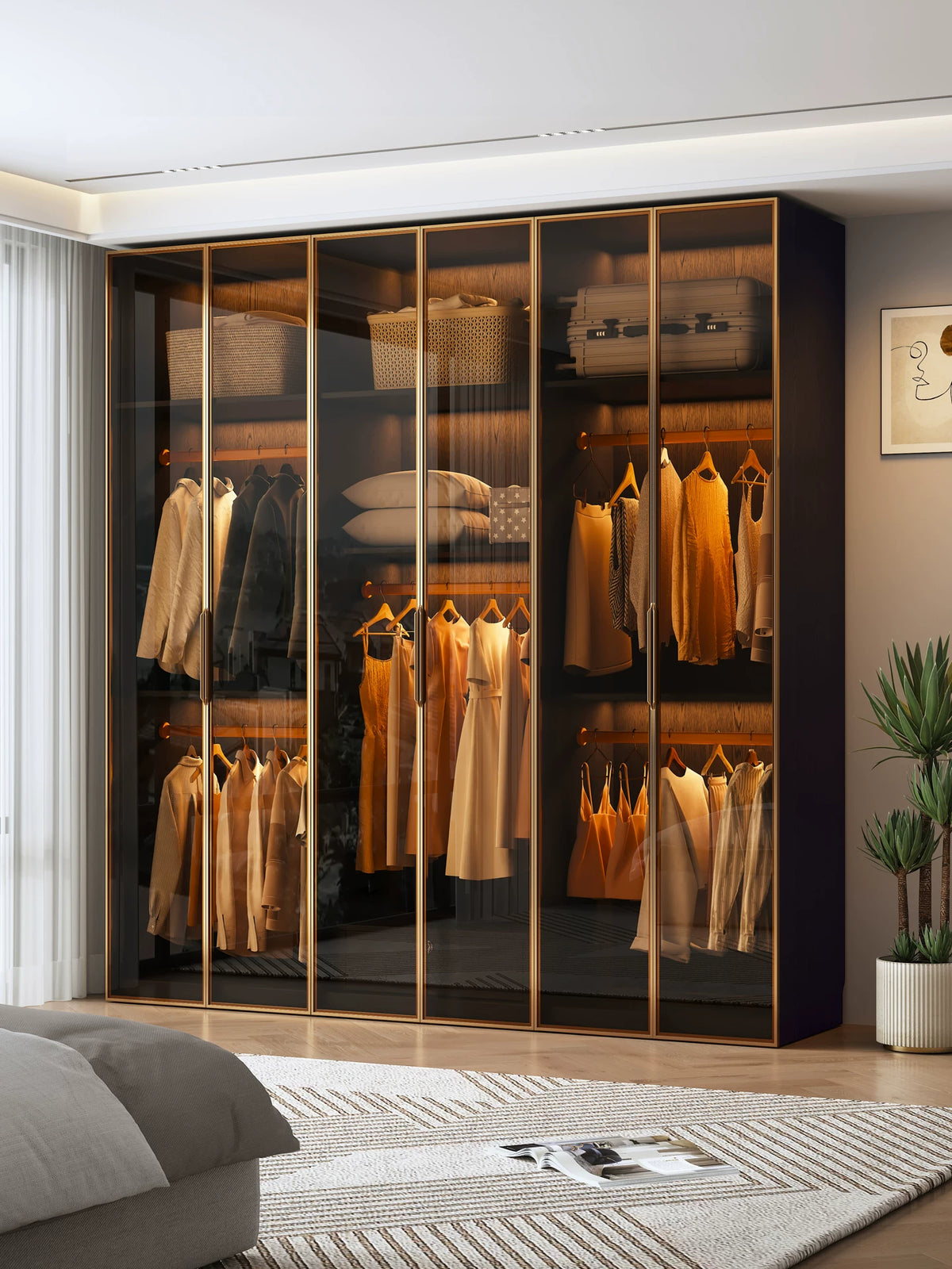 Modern Minimalist Glass Door Wardrobe with Solid Wood Storage for Bedroom