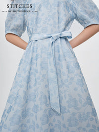 STITCHES Jacquard V-Neck Lantern Sleeve High-Waist Midi Dress for Women