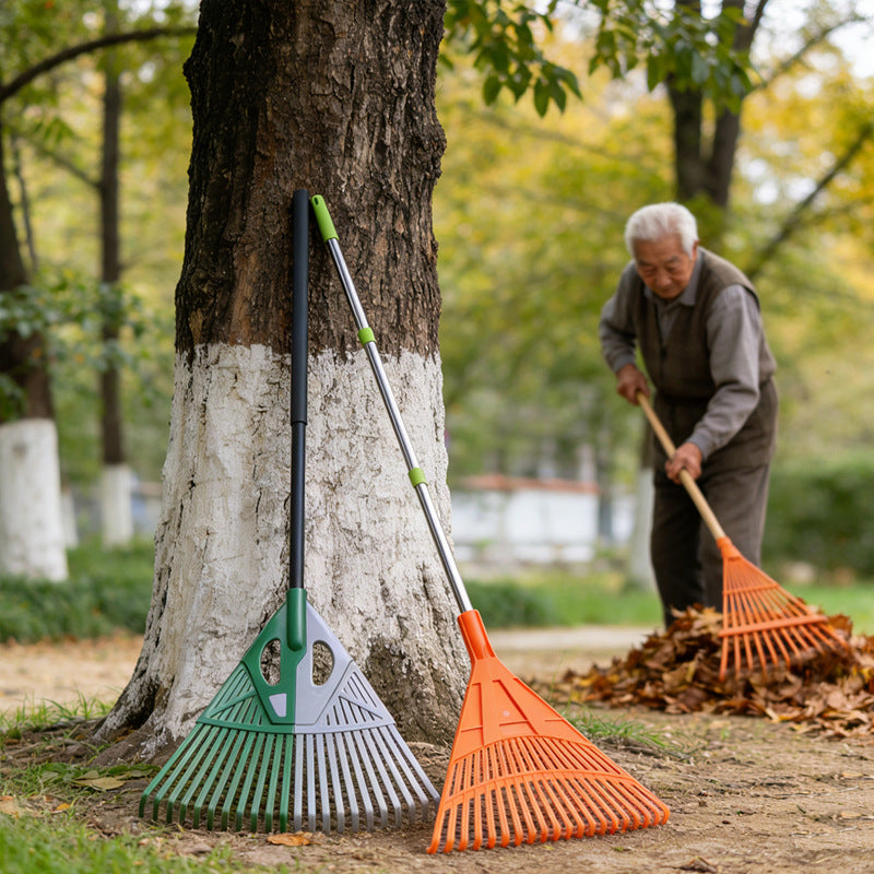 Garden Leaf Rake with Long Handle for Lawn and Yard Cleanup