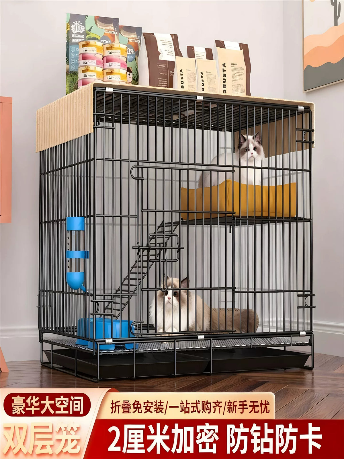 Large Indoor Cat Cage with Litter Box, Multi-Tier Cat Condo with Ample Space