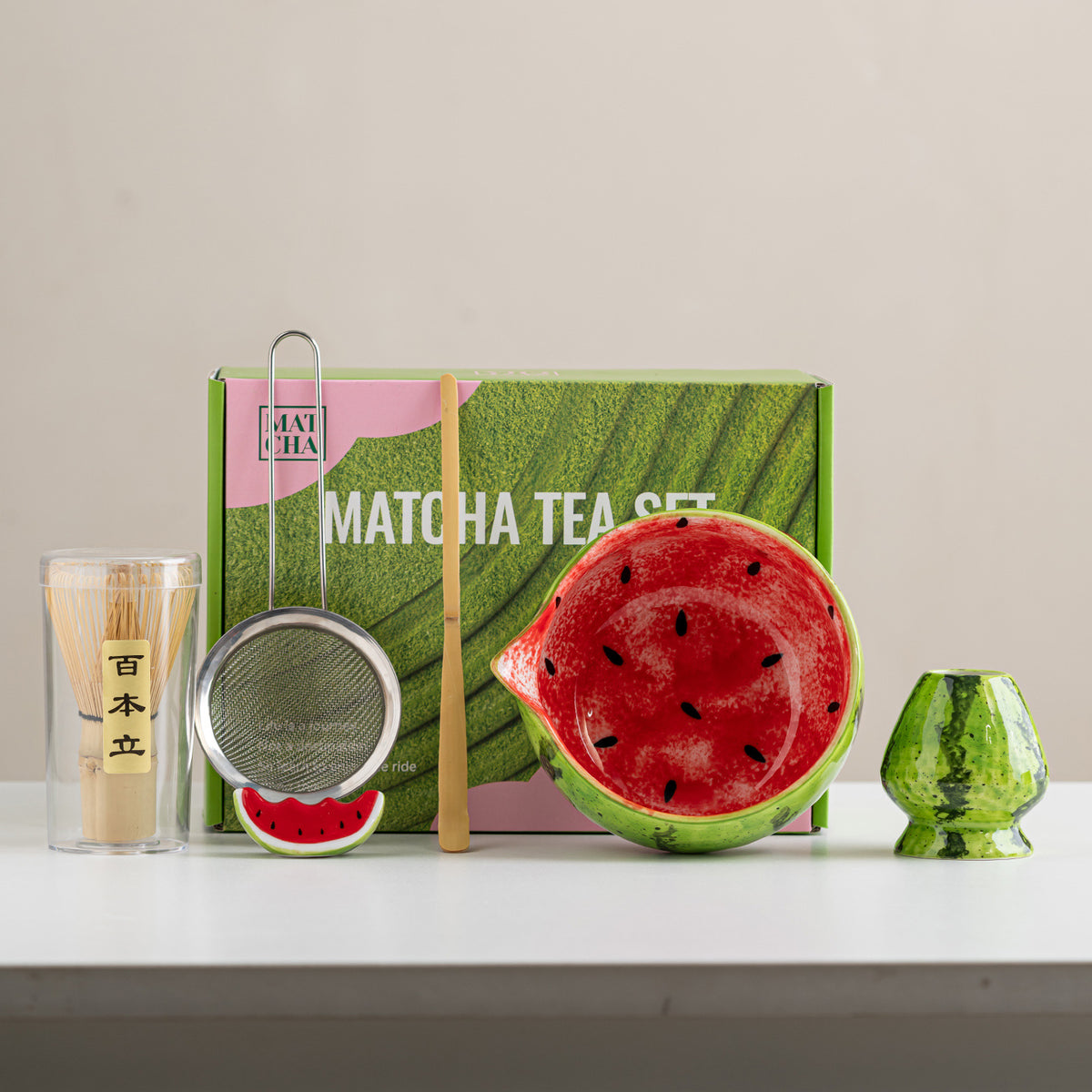 Hand-Painted Watermelon Matcha Bowl Set with Whisk Stand