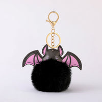 Halloween Colorful Bat Pom Pom Keychain Plush Bag Charm Car Accessory