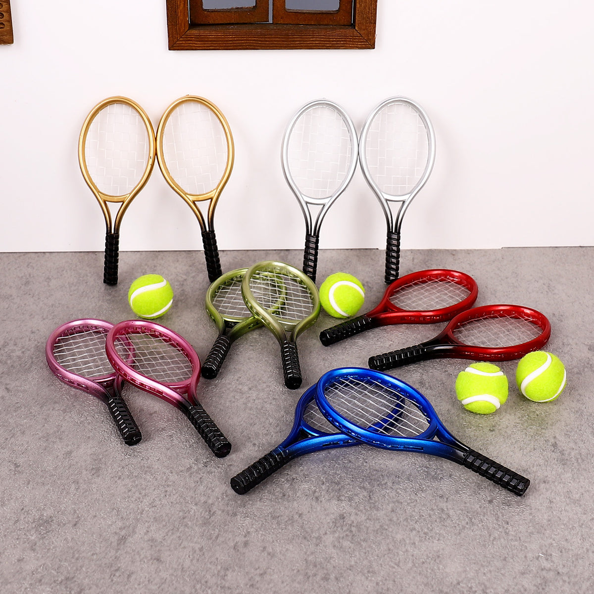 Miniature Tennis Racket Model with Ball & Bag for Dollhouse & Sports Decor