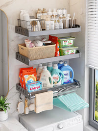 Wall-Mounted Laundry Room Storage Shelf for Washing Machine, No-Drill Installation, with Hooks