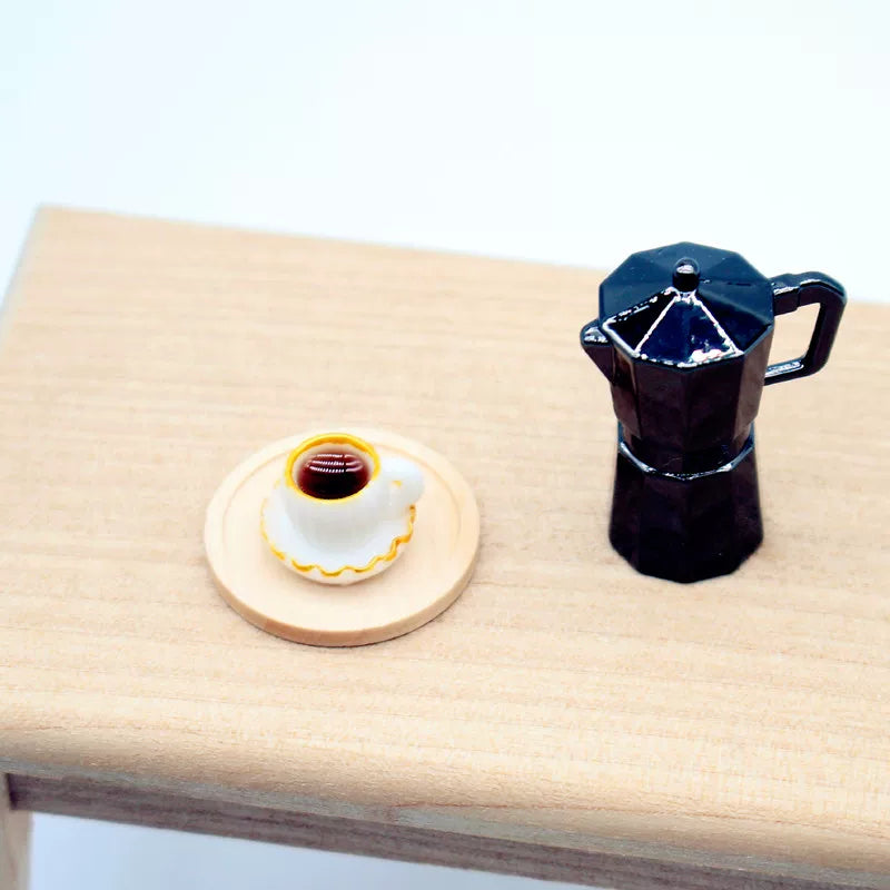 Dollhouse Miniature Coffee Cup and Wooden Tray Set for Living Room Scene