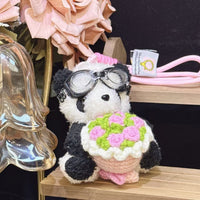 Crochet Panda Keychain with Goggles and Flower Bouquet Plush Doll Bag Charm