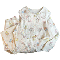 Women's Japanese Style Cloud Cotton Pajama Set with Peter Pan Collar, Long Sleeve Lace Trim Homewear