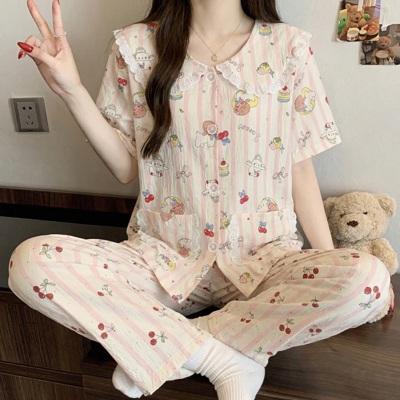 Cute Cloud Cotton Pajama Set for Women, Doll Collar Short Sleeve Top & Long Pants Homewear