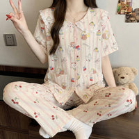 Cute Cloud Cotton Pajama Set for Women, Doll Collar Short Sleeve Top & Long Pants Homewear