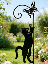 American Country Style Cat and Butterfly Iron Garden Stake Outdoor Landscape Ornament