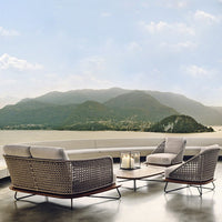 Outdoor Patio Wicker Sofa Set with Coffee Table, Nordic Style Fabric Cushions, All-Weather Garden Furniture