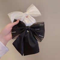 Mesh Pearl Black Bow Hair Clip for Women, Elegant Satin Top Clip Hair Accessory