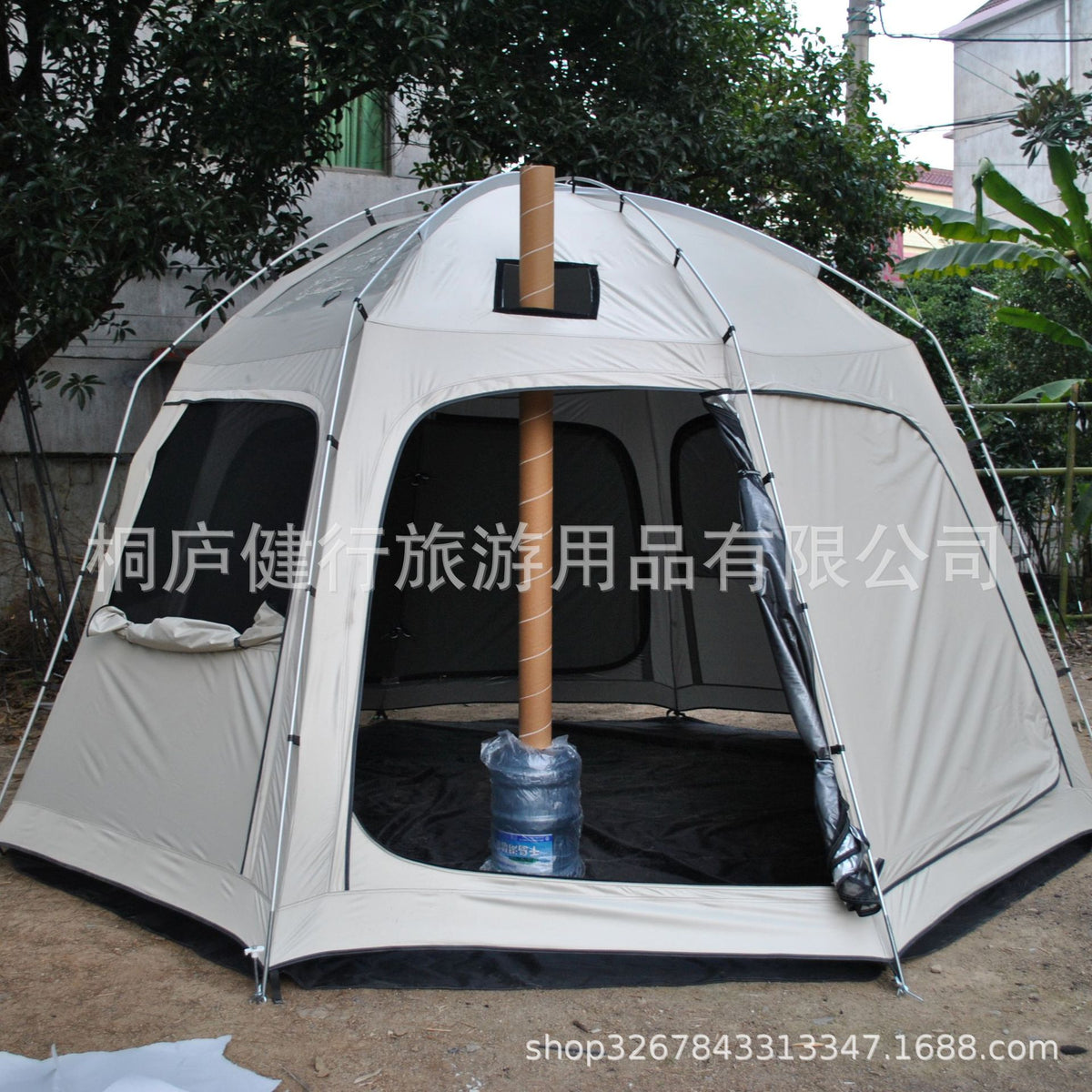 Hexagonal Double-Layer 6-Person Camping Tent with Chimney Vent