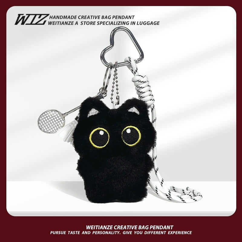 Big-Eyed Black Cat Plush Doll Keychain Scarf Pendant Bag Charm Couple Gift