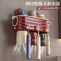 Wall-Mounted Toothbrush Holder with Magnetic Cups and Storage Tray, No-Drill Installation
