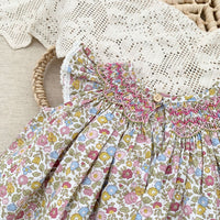 Girls' Hand-Smocked Floral Print Flutter Sleeve Doll Dress Toddler Summer Princess Dress