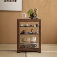 Glass Display Cabinet with Walnut Wood Frame for Collectibles, Tea Sets, and Tabletop Storage