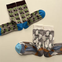 Women's Mid-Calf Geometric Pattern Socks, Japanese Retro Irregular Color Block Trendy Pile Socks
