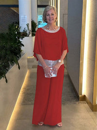 Women's Sequin Patchwork Batwing Sleeve Top and Wide Leg Pants Set