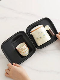 Portable Ceramic Travel Tea Set with 1 Pot, 4 Cups & Canister for Outdoor Camping & Gifts