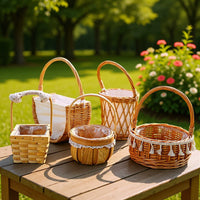 European Style Woven Bamboo Flower Basket with Handle for Floral Arrangements and Storage