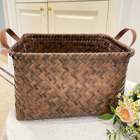 American Style Woven Storage Basket with PU Handles for Laundry and Toys