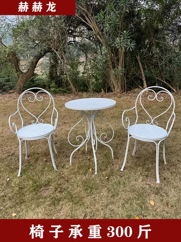 Balcony Leisure Table and Chair Set, 3-Piece Patio Garden Wrought Iron Furniture for Outdoor Seating and Cafe