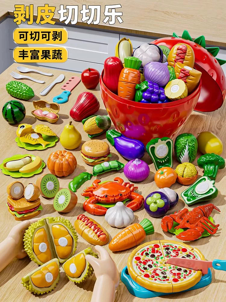 Kids' Pretend Play Fruit and Vegetable Cutting Toy Set with Storage Bucket, Educational Kitchen Playset for Toddlers