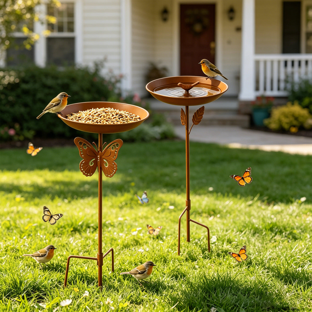 Outdoor Metal Bird Bath Feeder with Garden Stake for Lawn and Patio