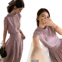 LUOZHIYIN Purple Tencel Blouse & Pleated Skirt Fashion Set