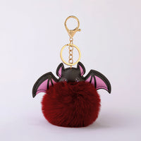 Halloween Colorful Bat Pom Pom Keychain Plush Bag Charm Car Accessory