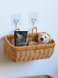 Hand-Woven Imitation Rattan Storage Basket for Kitchen Garlic Ginger Onions Eggs Fruits Wall-Mounted
