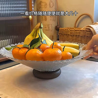 Vintage Large Ice Flower Glass Fruit Bowl with Wooden Base for Snacks and Decoration