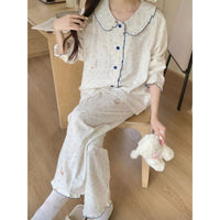 Women's Floral Doll Collar Pajama Set Long Sleeve Cotton Sweet Princess Style Homewear