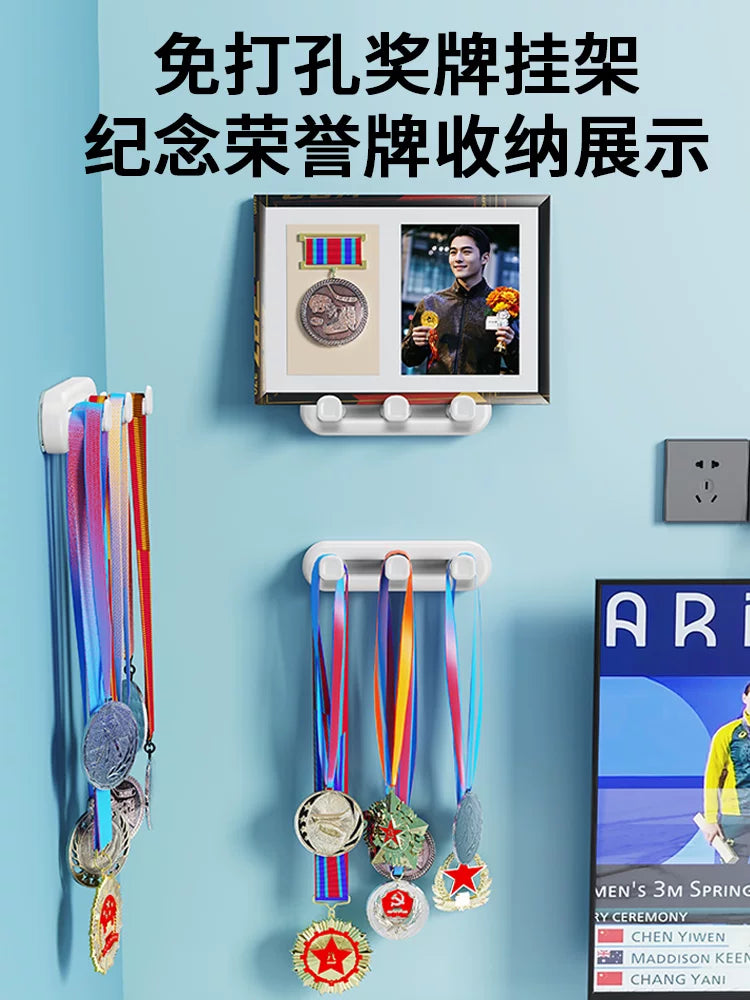 No-Drill Retractable Medal Display Rack with Hooks for Sports Awards & Kids' Achievements