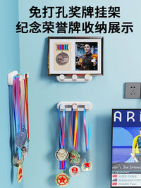No-Drill Retractable Medal Display Rack with Hooks for Sports Awards & Kids' Achievements