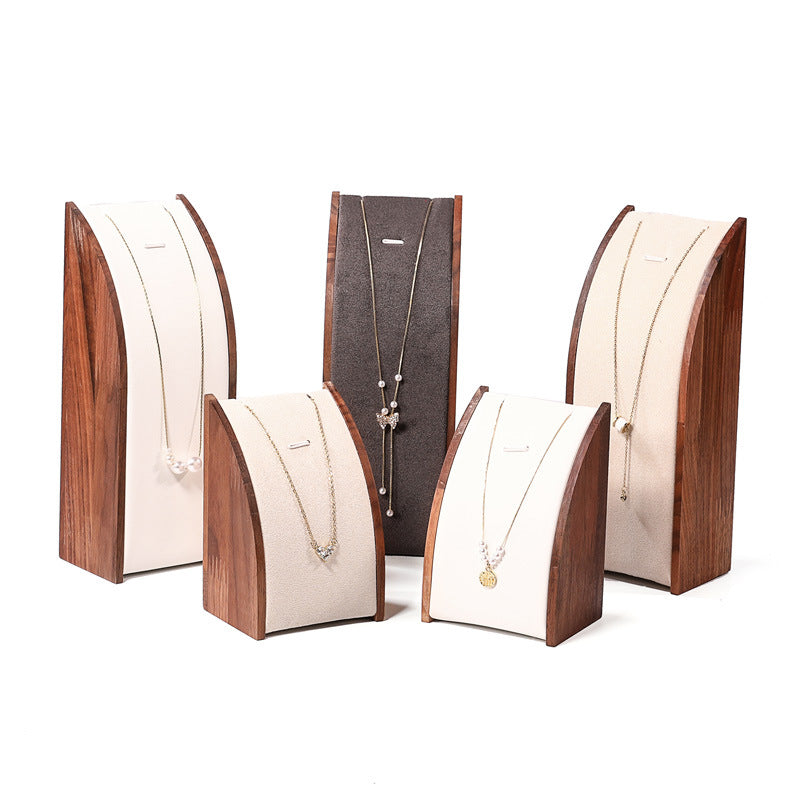 Walnut Wood Curved Necklace Display Stand Set for Pendants and Jewelry