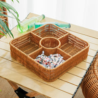 Handwoven Rattan-Style Divided Snack and Nut Serving Basket with Lid