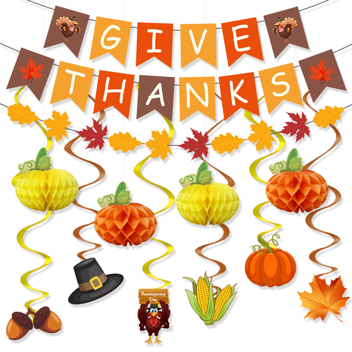 Thanksgiving Harvest Party Decor Set with Maple Leaf Banner, Pumpkin Honeycomb, and Swirls